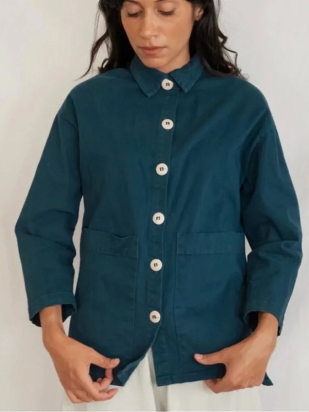 Mien Studios Painters Chore Jacket Coat Shacket Teal Cotton Twill Oversize SM